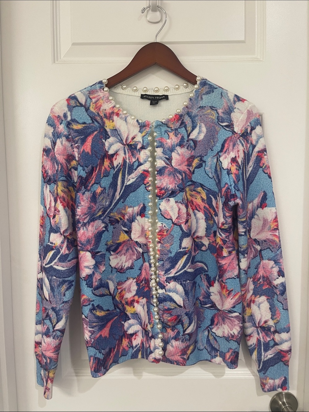Boston Proper Blue Floral Pearl-Trim Cardigan